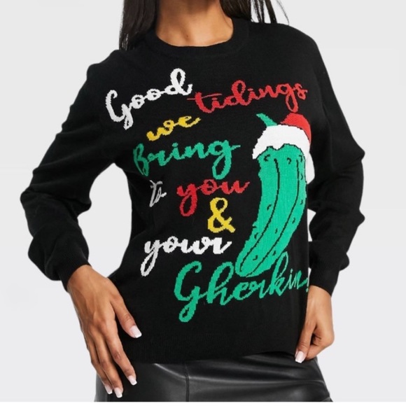 Threadbare Plus Christmas Gherkin Women's Crew-Neck Knit
Sweater In Black 12US - Picture 3 of 15